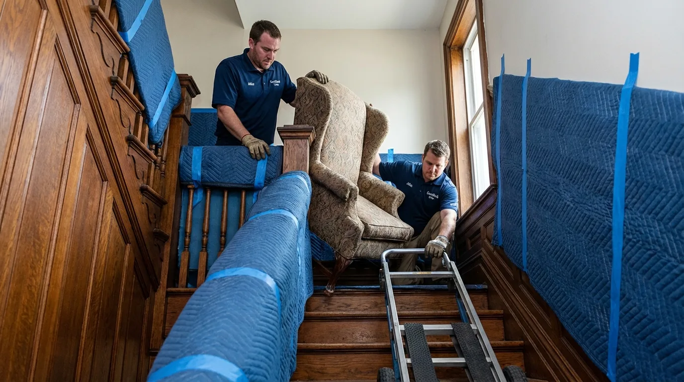 Two crew members carefully navigating a heavy armchair down a narrow wooden staircase using stair-track hand trucks. Protective bumpers installed along walls.