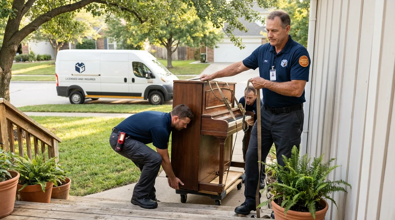 Licensed piano movers securing grand piano in Mammoth Lakes, CA