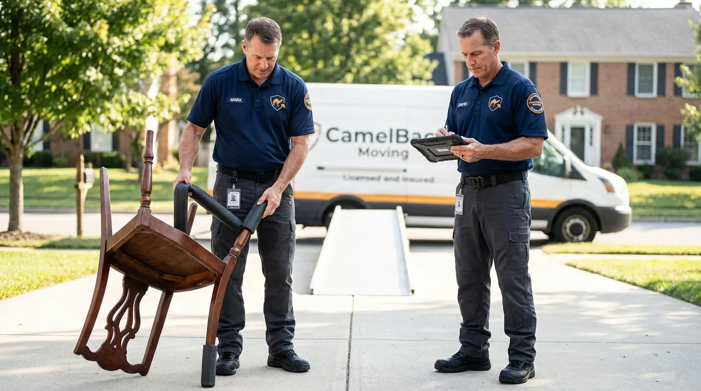 Movers inspecting furniture for damage prevention before loading in Mammoth Lakes, CA