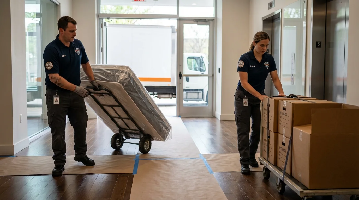 Professional apartment movers loading elevator in Mammoth Lakes, CA