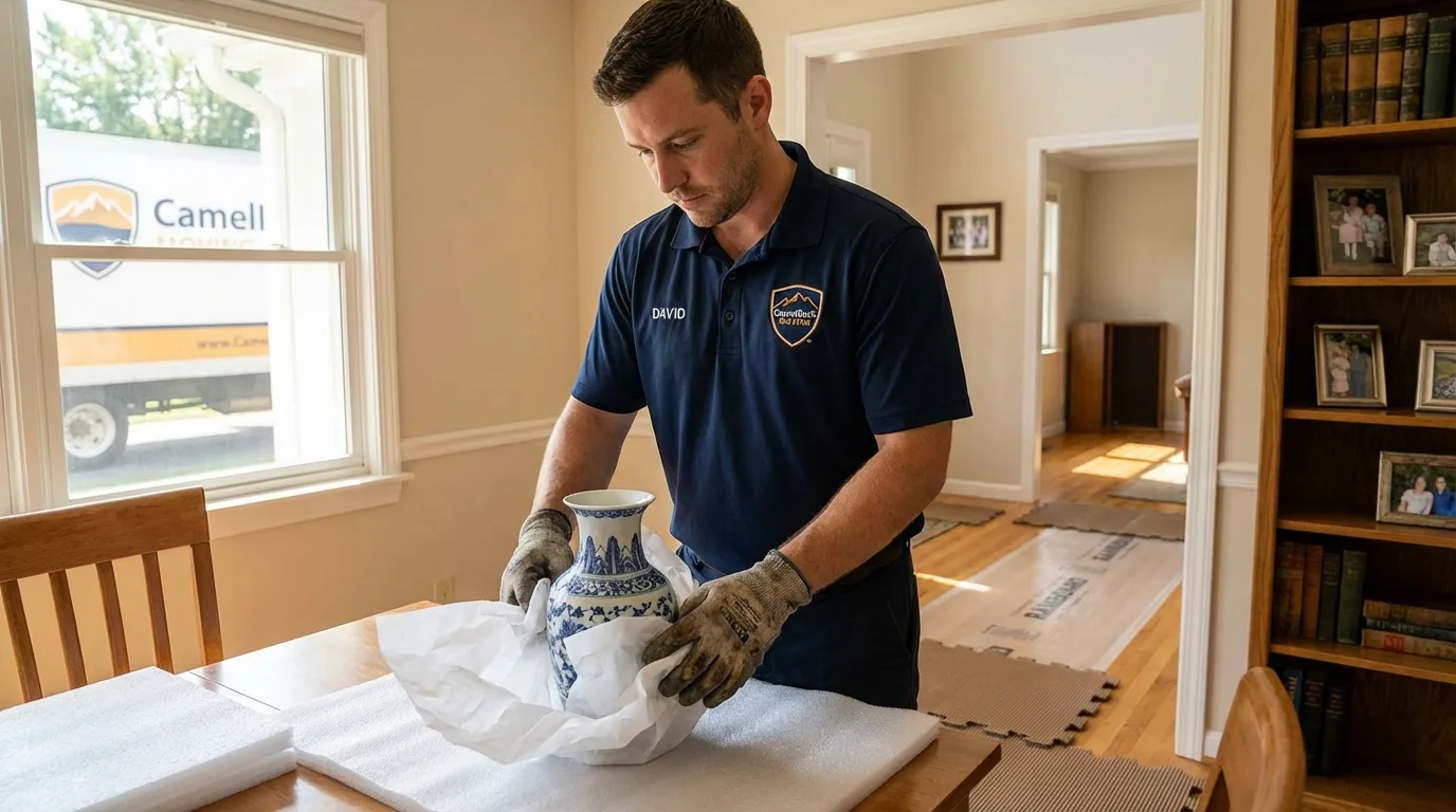 Professional crew carefully wrapping antique vase for senior downsizing move in Mammoth Lakes, CA