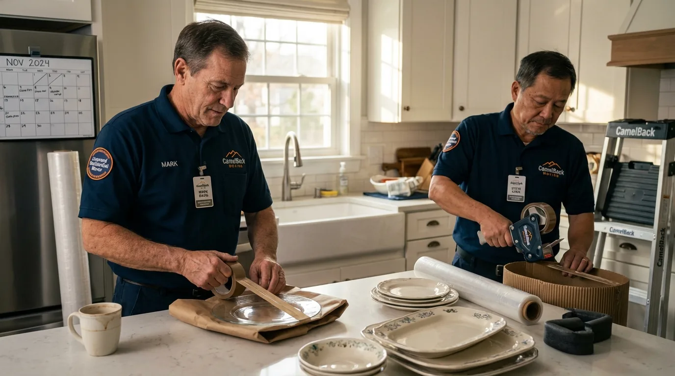 Professional crew packing kitchen dishware in Mammoth Lakes, CA
